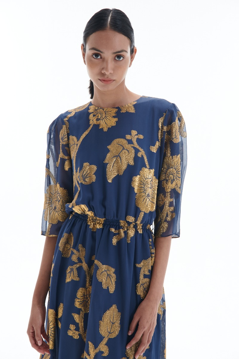 [2022FW] Gold Flroral Silk Chiffon Dress