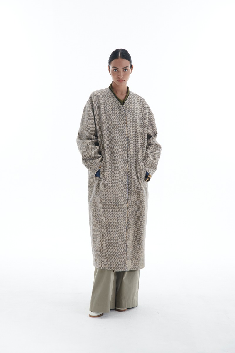 [2022FW] Jain Song Collarless Wool Silk Tweed Maxi Coat