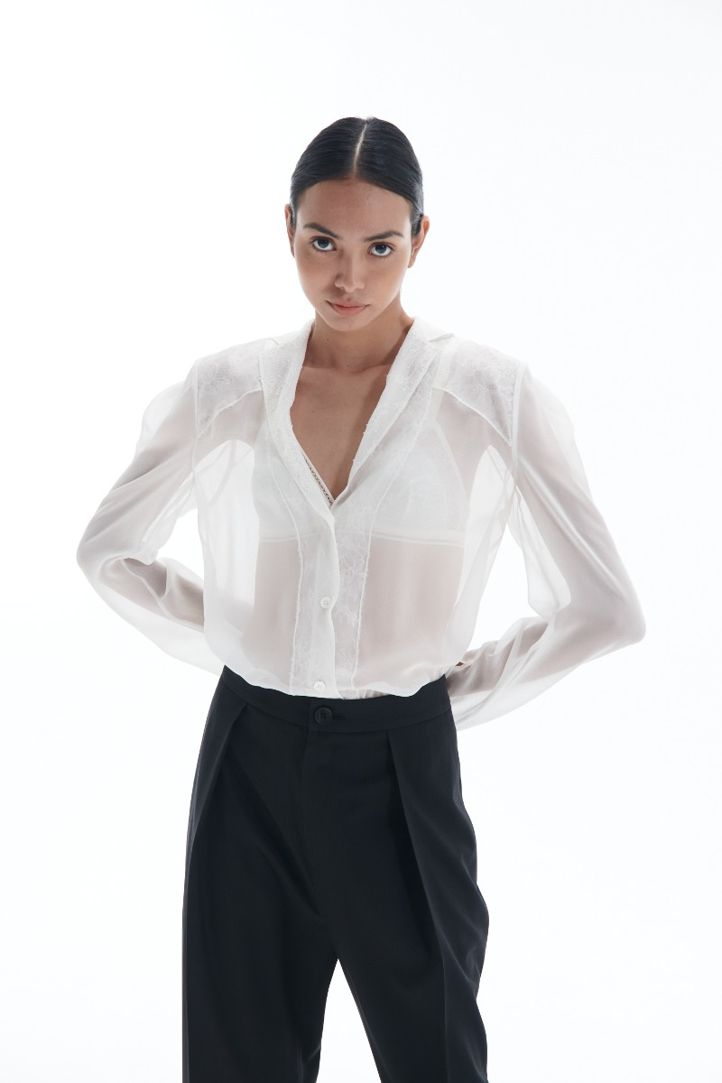 [2022FW] Lace Patched  White Silk Blouse